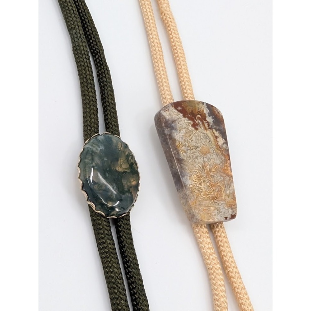 Lot of 2 Vintage Bolo Tie Green‎ and Tan Natural Stone Western Necktie Festival